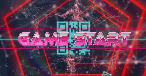 Image of game start text banner over hexagonal tunnel in seamless pattern on Stock Illustration