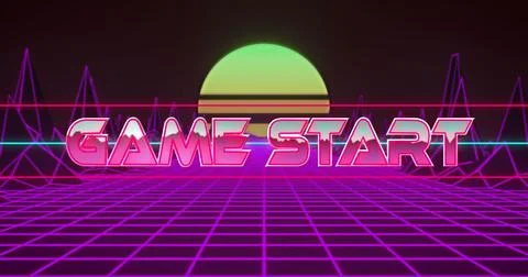Image of game start text banner over grid network and metaverse structures in イラスト素材