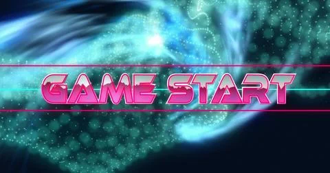 Image of game start text between lines over dots forming dynamic waves on black Stock Photos