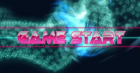 Image of game start text between lines over dots forming dynamic waves on black Stock Photos