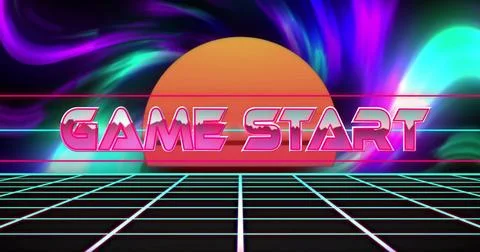 Image of game start text over digital sun and colourful light trails on black Stock Illustration