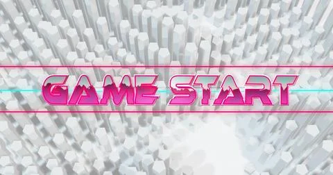 Image of game start text over neon lines and 3d white blocks background イラスト素材