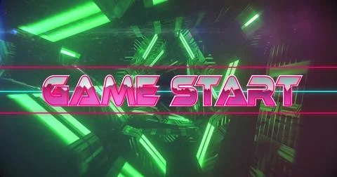 Image of game start text over neon pattern background Stock Photos