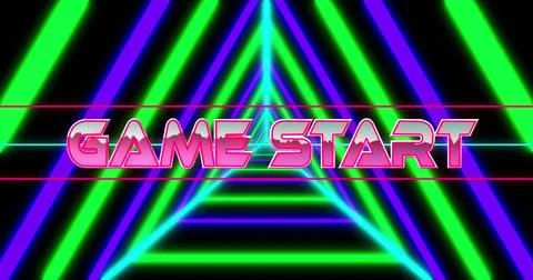 Image of game start text over neon lines and triangle pattern Stock Photos