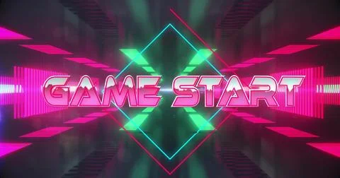 Image of game start text over neon pattern background 스톡 사진