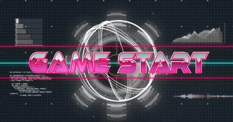 Image of game start text over data processing on black background 库存照片