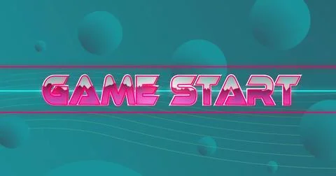 Image of game start text in pink metallic letters over blue spheres on blue Illustrazione stock