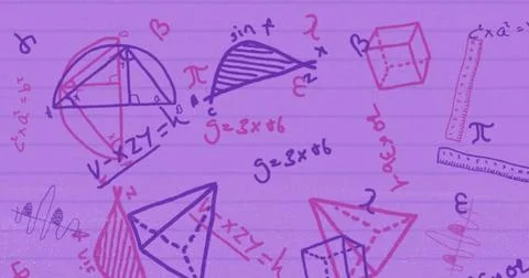 Image of geometry and math formulas on pink background Stock Photos
