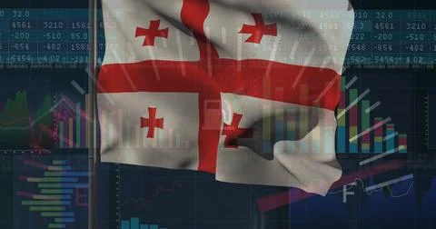 Image of georgia flag over statistical data processing against blue background 写真素材