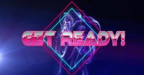 Image of get ready text banner over blue digital wave and light spot against Foto stock