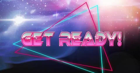 Image of get ready text in metallic letters on pink and blue triangles and Illustrazione stock