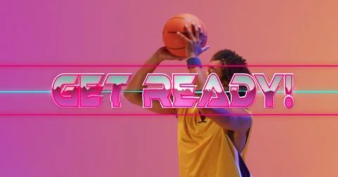 Image of get ready text over neon pattern and biracial basketball player Illustrazione stock