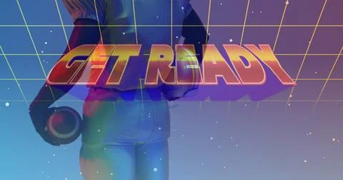 Image of get ready text over neon pattern and african american american football Illustrazione stock