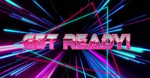 Image of get ready text over neon light trails on black background Stock Photos