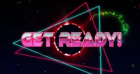 Image of get ready text over triangles over circles against wave pattern on 写真素材