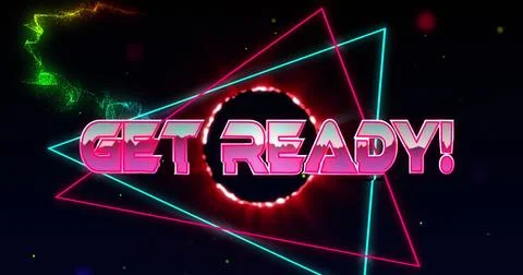 Image of get ready text over triangles over circles against wave pattern on 写真素材
