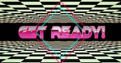 Image of get ready text in pink metallic letters over black and white squares Illustrazione stock
