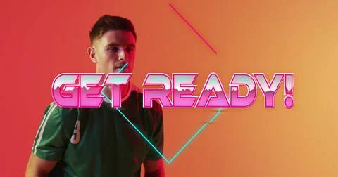 Image of get ready text with shapes over caucasian male soccer player bounc.. Stock Photos