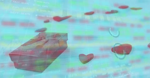 Image of gift box and heart shapes over moving graphs and trading board Ilustração Stock