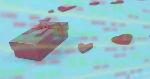 Image of gift box and heart shapes over moving graphs and trading board Ilustração Stock