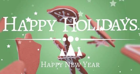 Image of ginger bread falling over happy holidays text Stock Illustration