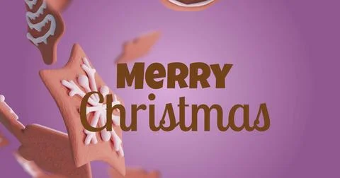 Image of ginger bread falling over merry christmas text Stock Illustration