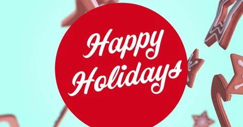 Image of ginger bread falling over happy holidays text Stock Illustration
