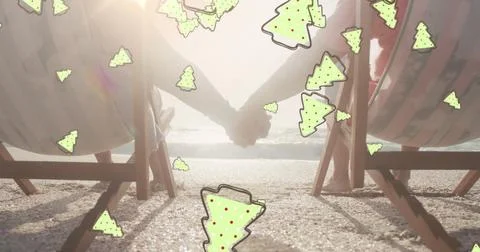 Image of ginger bread icons over senior biracial couple at beach 스톡 사진