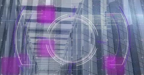 Image of glitch effect and scope scanning over computer server room Stock Photos