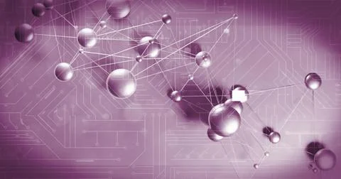 Image of glitch effect on molecular structures, microprocessor connections on Stockillustratie