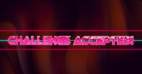 Image of glitch effect over challenge accepted text against red digital wave on Stock Illustration