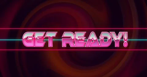 Image of glitch effect over get ready text banner against red digital wave on Stock Illustration