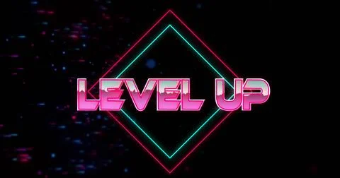 Image of glitch effect over level up text banner against blue and red spots on Stock Illustration