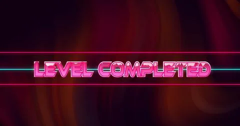 Image of glitch effect over level completed text against red digital wave on Stock Illustration