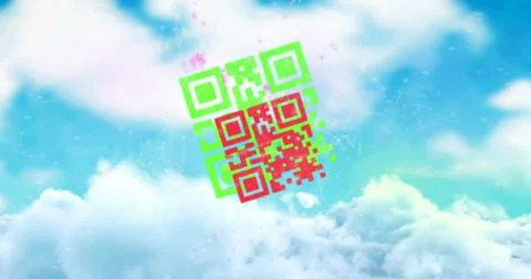 Image of glitch effect over qr code scanner against clouds in the blue sky Foto stock