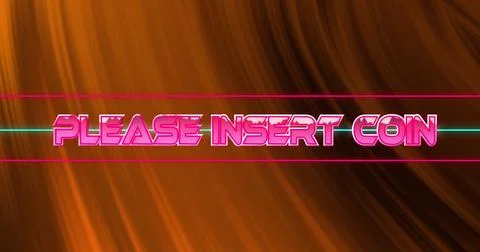 Image of glitch effect on please insert coin text and orange digital wave in Stock Illustration