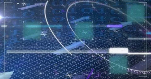 Image of glitch technique with circles, arrows and lens flare over binary codes Stock Photos