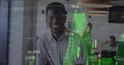 Image of glitch technique, graphs with numbers, smiling african american man in Illustrazione stock