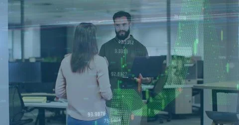 Image of glitch technique, graphs over coworkers discussing over laptop in Stock Photos