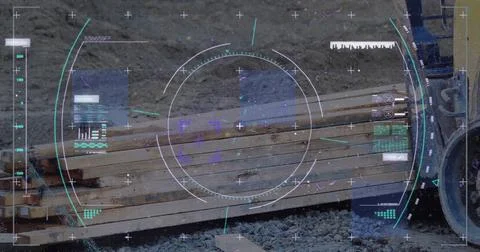 Image of glitch technique over circles, dna helix, loading bars against wooden Stock Photos