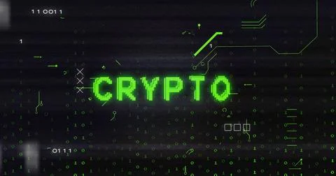 Image of glitch technique over crypto text on circuit board pattern against Stockfoto's