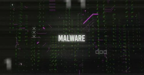 Image of glitch technique over malware text with circuit board pattern over 库存照片
