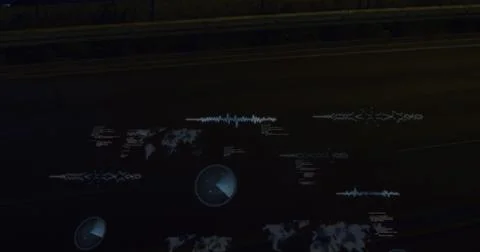 Image of glitch technique over maps, radars and computer language against black Stock Photos