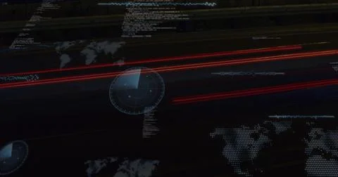 Image of glitch technique over maps, radars and computer language against black 스톡 사진