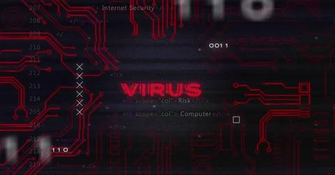 Image of glitch technique over virus text, circuit board pattern against 库存照片