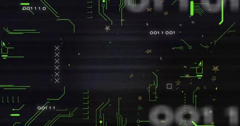 Image of glitch technique over x mark, binary code, circuit board pattern over Stock Photos