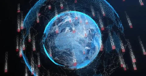 Image of glitched falling binary codes over connected dots around globe on black Illustrazione stock