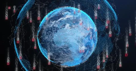 Image of glitched falling binary codes over connected dots around globe on black Illustrazione stock