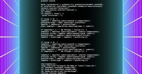 Image of glitching data processing on black background with glowing purple grid 스톡 사진