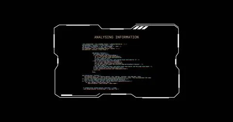 Image of glitching interface with analysing information text processing on black Foto stock